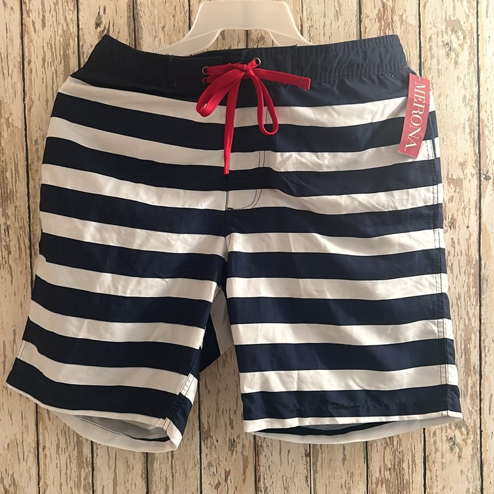 Men’s Merona  Blue & White Striped Swimsuit Medium